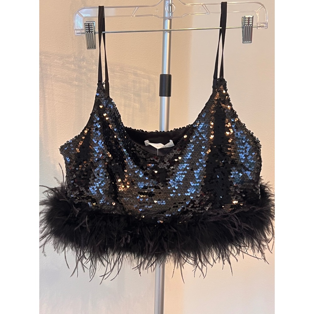 NWT 12th Tribe black sequin and maribu feather crop top size small - Picture 2 of 8